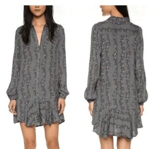 Free People Grey Floral Ruffle Drop Waist Long‎ Sleeve Mini Shirt Dress XS